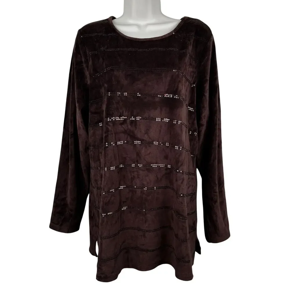 Quacker Factory Blouse Top Velour Velvet Stripe Sequins Long Sleeve Brown L